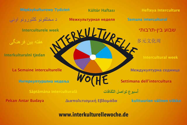 Vorlage für Handzettel, Flyer, Postkarte: Interkulturelle Woche "mehrsprachig"