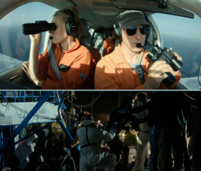 Eine Collage aus zwei Szenen des Films "Kein Land für niemand". Oben der Blick in ein Seenotrettungsflugzeug, unten die Darstellung von Geflüchteten, die von einem Rettungsschiff an Land gebracht werden.