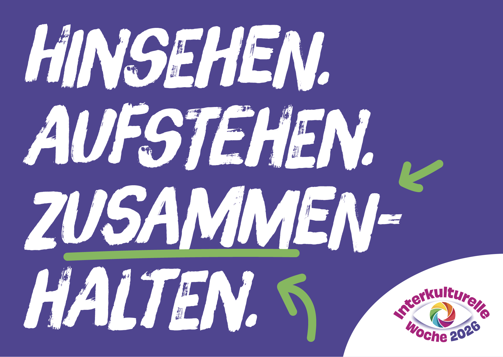 Postkarte mit dem Slogan "Hinsehen. Aufstehen. Zusammenhalten."